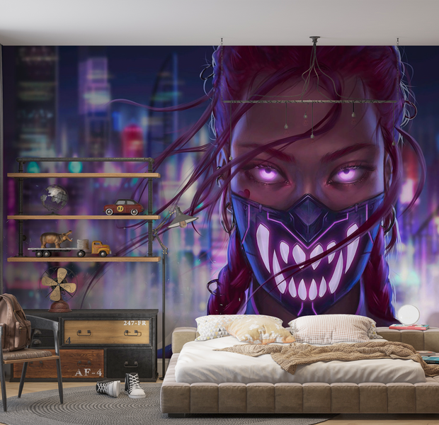 Premium Peel & Stick Wall Mural - Cyberpunk City Character