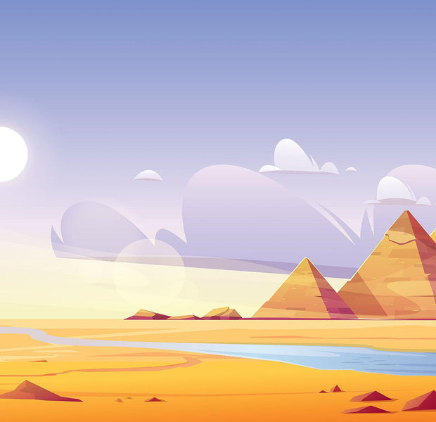 A vibrant wall mural of a desert scene with pyramids under a large sun