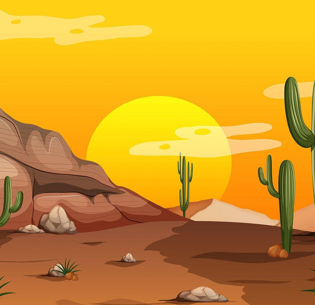 Illustrative wall mural of a desert landscape with cacti, rock formations, and a setting sun in a warm color palette