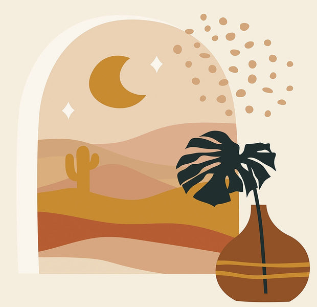 A stylish interior wall mural depicting a desert landscape with hills, cactus, a palm in a vase, moon and stars.