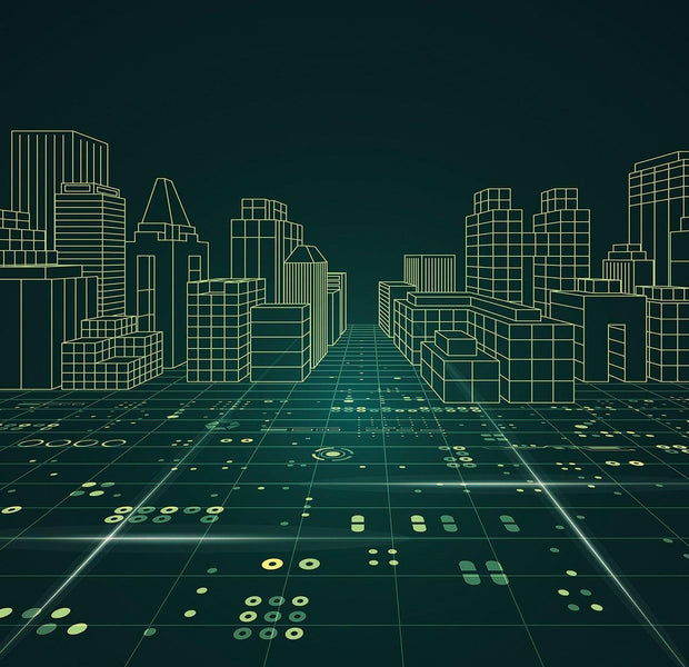 Alt tag: A wall mural depicting a digital wireframe cityscape design in neon green on a dark background.