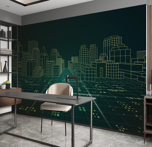 Premium Wallpaper Wall Mural - Digital Cityscape 60"Wx40"H / Non-Woven Fleece