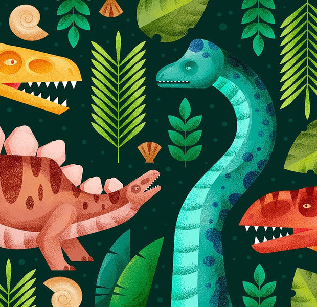 A colorful dinosaur-themed wall mural with various cartoon dinosaurs and foliage patterns in a children's room setting.