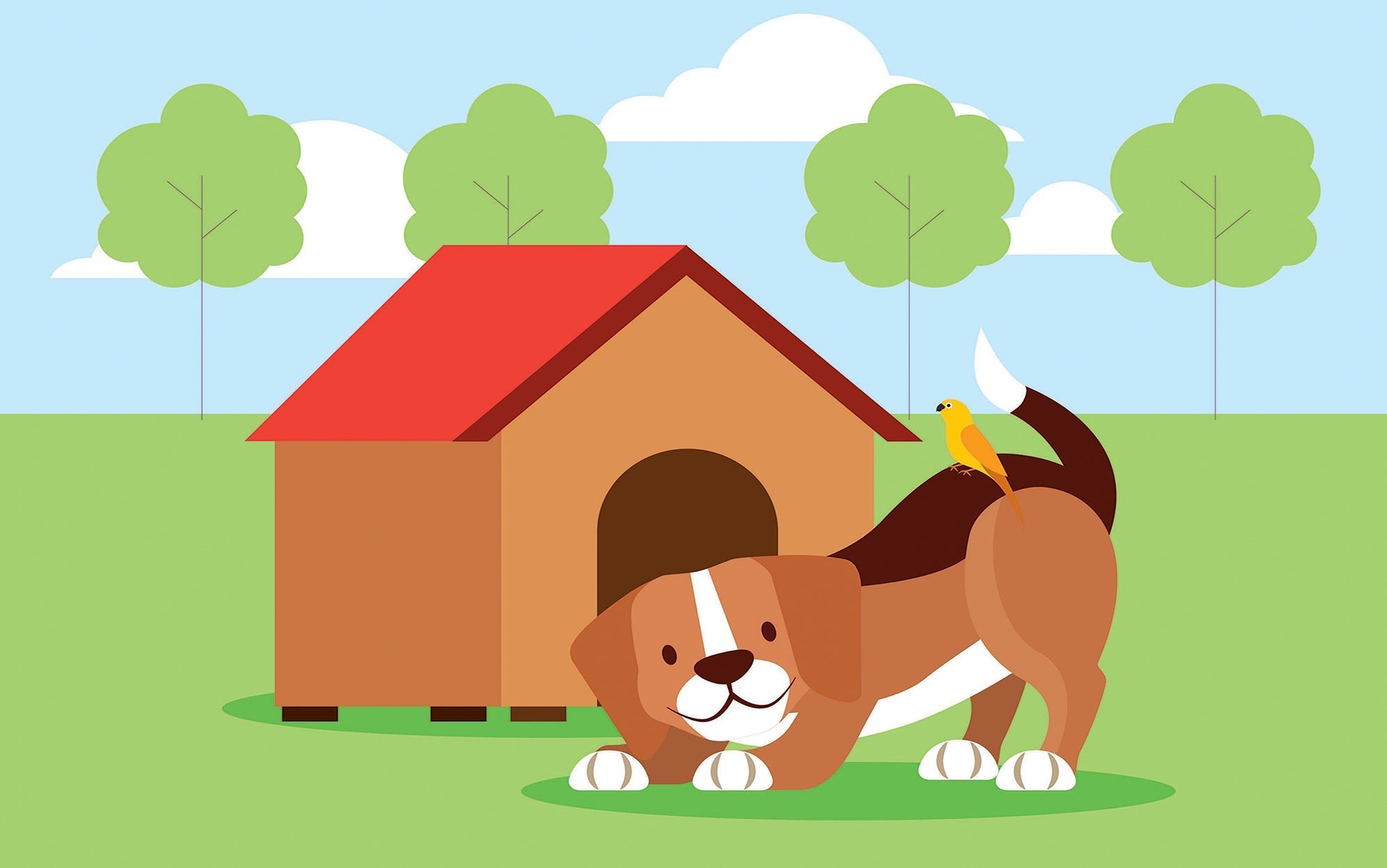 Cartoon illustration of a smiling dog beside a doghouse with a bird on top, as a wall mural in a room.