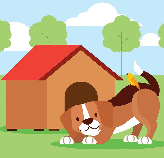 Cartoon illustration of a smiling dog beside a doghouse with a bird on top, as a wall mural in a room.