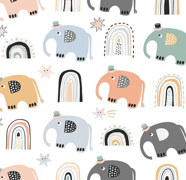 A playful and colorful wall mural featuring stylized elephants and rainbows in a modern design.