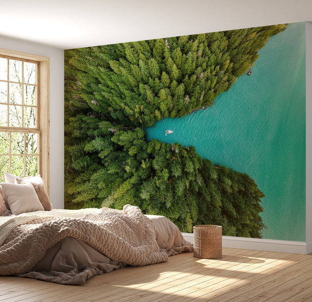 Premium Wallpaper Wall Mural - Emerald Lake Forest 60"Wx40"H / Non-Woven Fleece