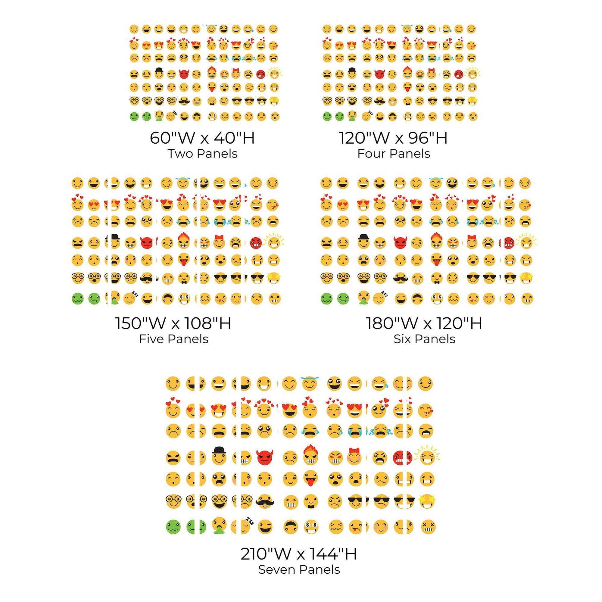 A size chart for a wall mural with various emoji designs showing different panel options ranging from two to seven panels.