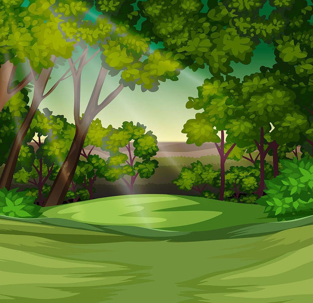 An illustrated wall mural depicting a lush green forest with trees and sunlight filtering through the foliage