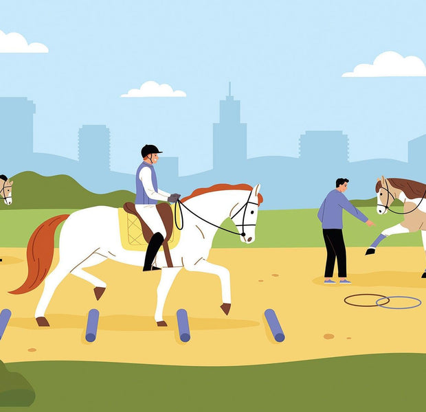 An illustration of a wall mural with equestrian activities including horse riding and training against a city skyline backdrop in an indoor setting.