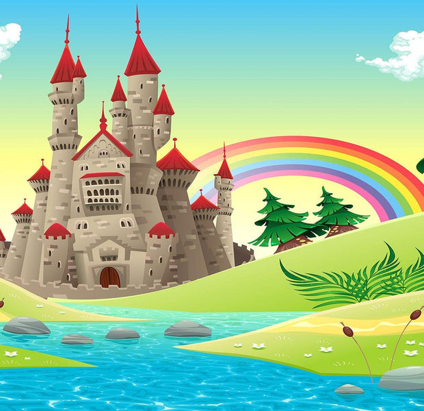 A colorful wall mural depicting a fantasy castle with surrounding landscape featuring trees, a river, and a rainbow.