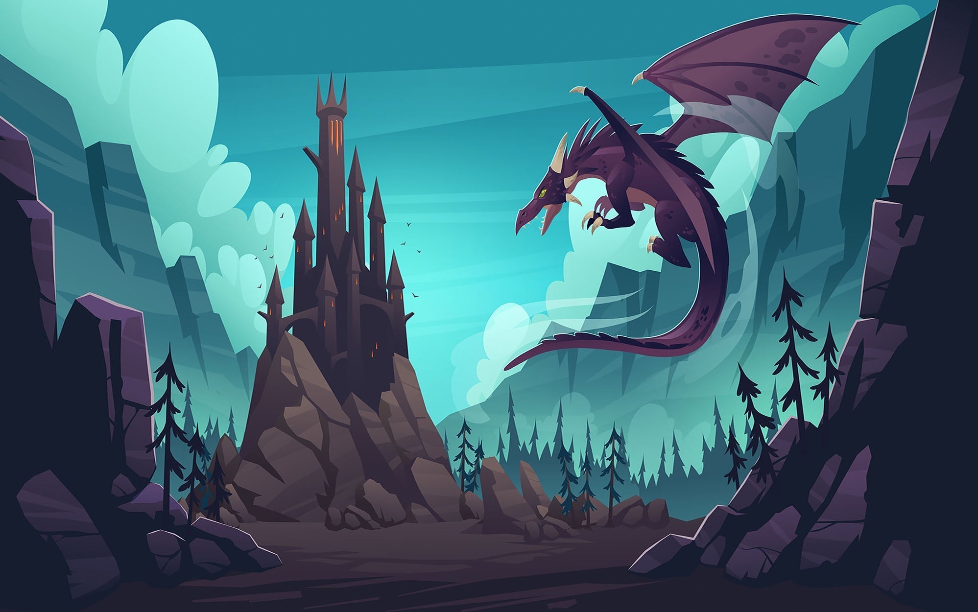 Premium Peel & Stick Wall Mural - Fantasy Dragon Castle
