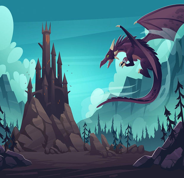 A vibrant wall mural depicting a fantasy scene with a castle and flying dragon in a mystical landscape