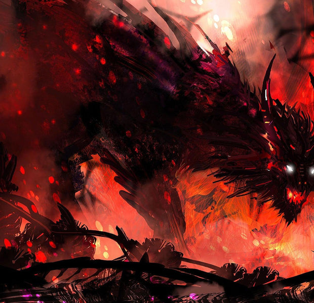 A dramatic and intense fantasy mural featuring a dark dragon amidst a fiery and chaotic backdrop