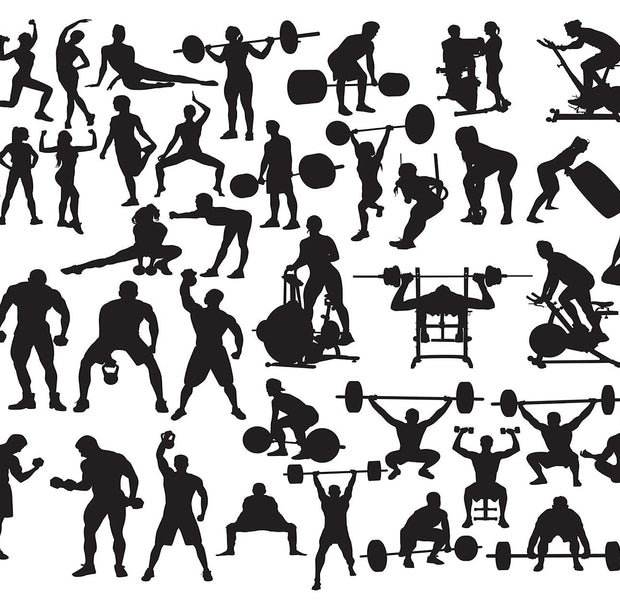 A wall mural featuring a variety of black silhouettes performing different fitness and bodybuilding exercises