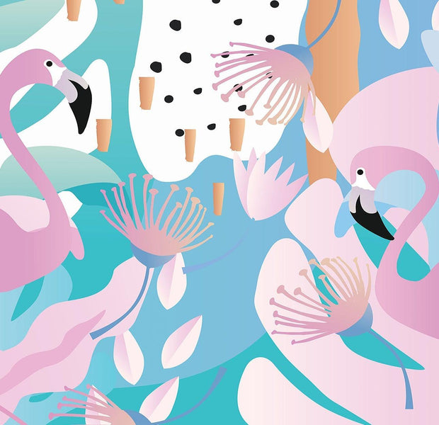 Bright and colorful wall mural featuring flamingos and floral patterns in an interior setting.
