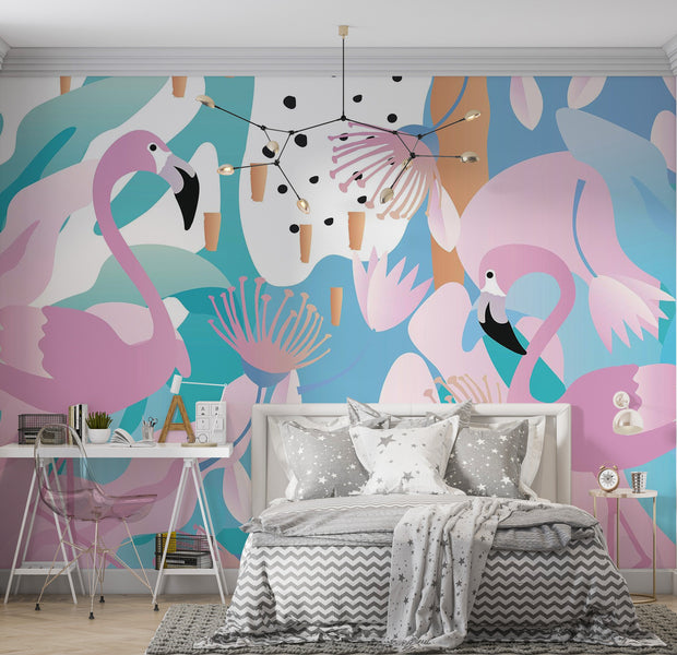 Premium Wallpaper Wall Mural - Flamingo Paradise 60"Wx40"H / Non-Woven Fleece