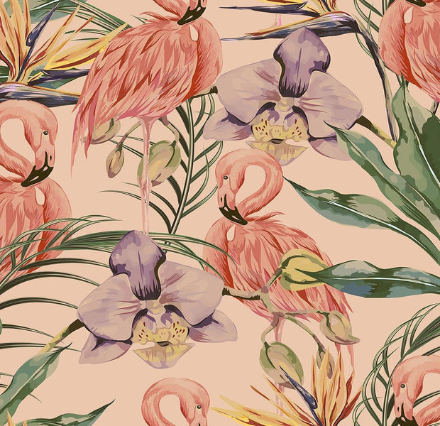 Elegant interior wall mural featuring pink flamingos and purple orchid flowers with lush greenery on a peach background