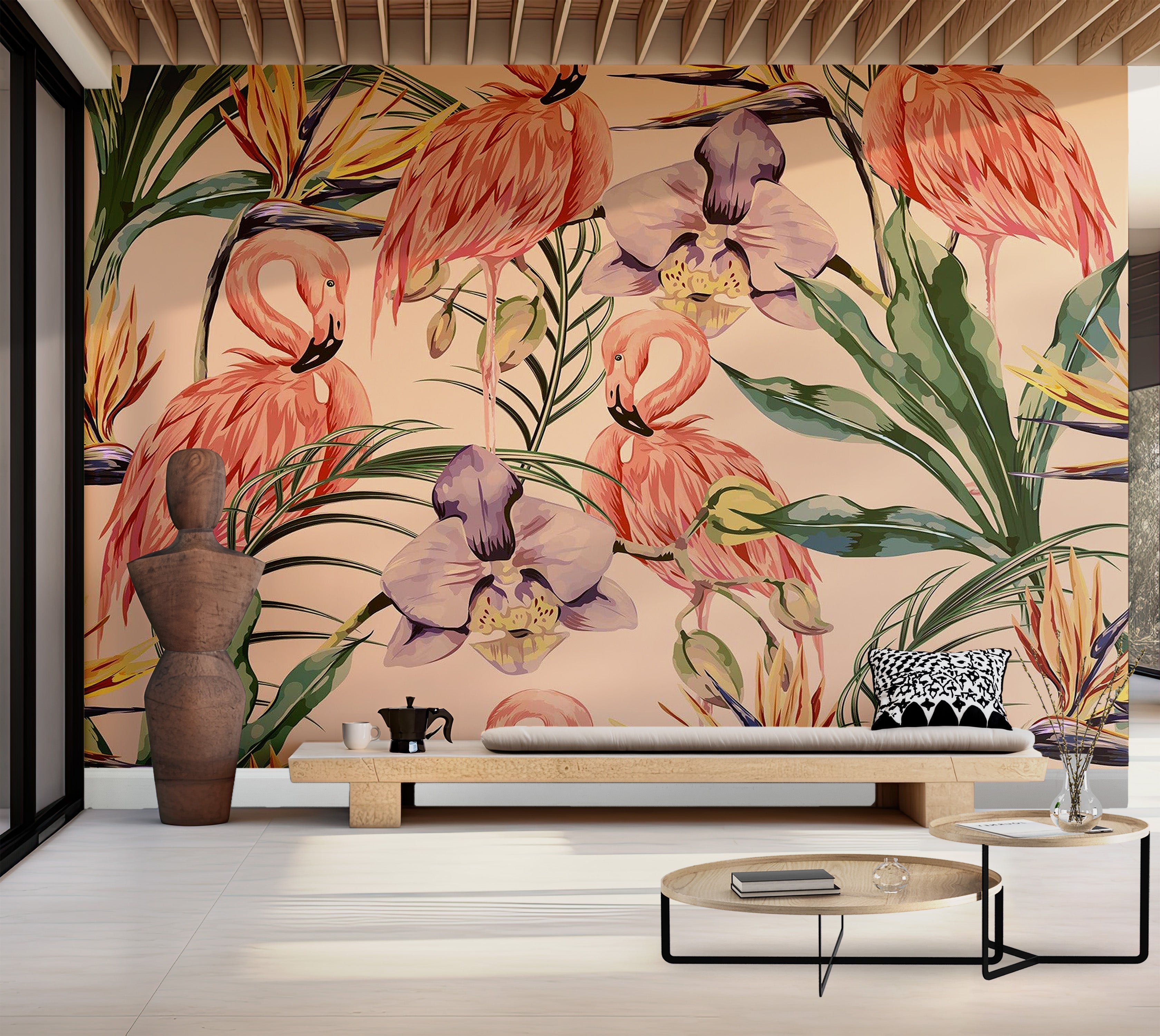 Premium Peel & Stick Wall Mural - Flamingo Tropical Pattern