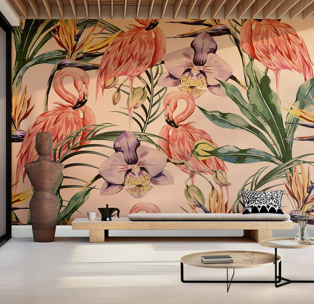Premium Peel & Stick Wall Mural - Flamingo Tropical Pattern