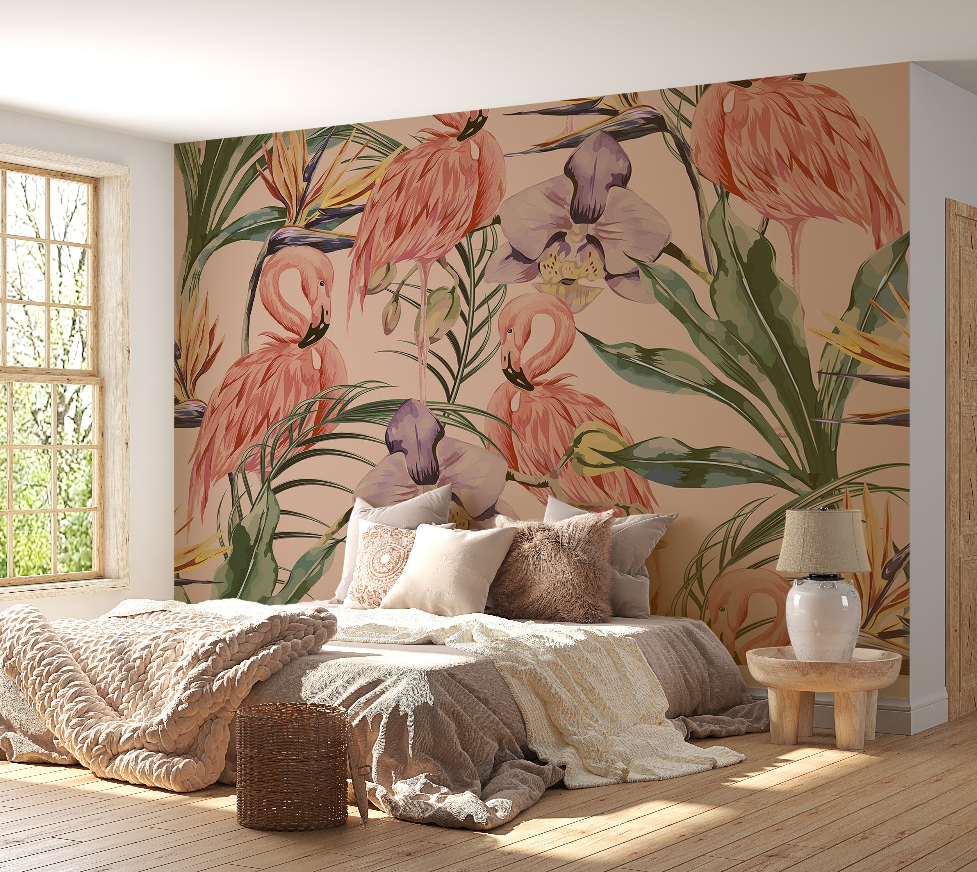 Premium Peel & Stick Wall Mural - Flamingo Tropical Pattern