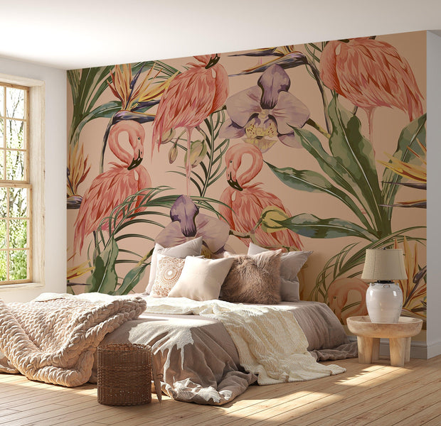 Premium Wallpaper Wall Mural - Flamingo Tropical Pattern 60"Wx40"H / Non-Woven Fleece
