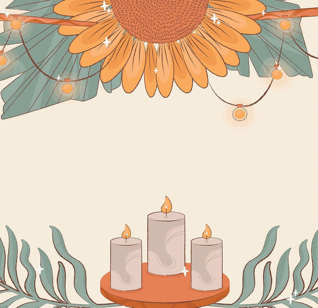 Interior wall featuring a large sunflower mural with string lights and candles in the foreground