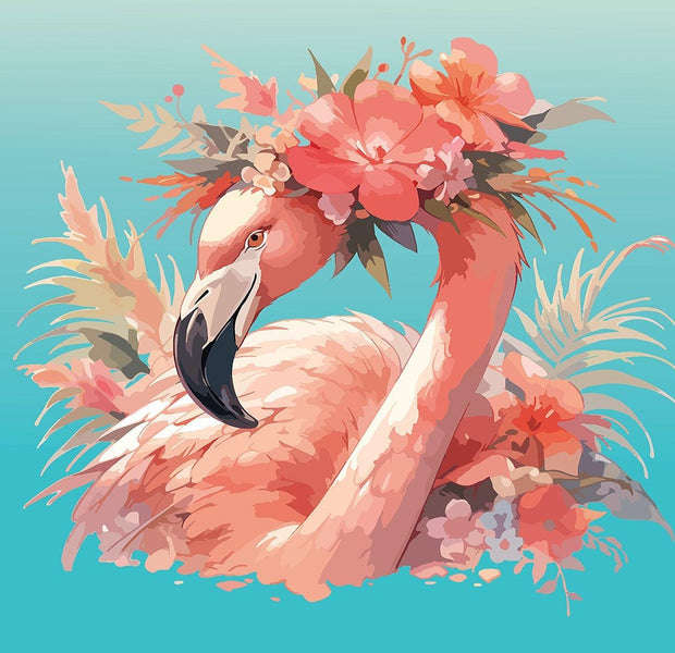 Artistic wall mural of a flamingo adorned with pink and peach flowers on a soft blue background