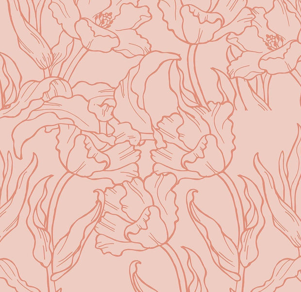 Elegant floral pattern wall mural in reddish tones on an interior wall