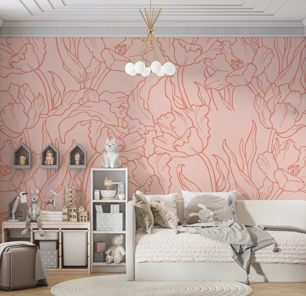 Premium Wallpaper Wall Mural - Floral Line Art 60"Wx40"H / Non-Woven Fleece