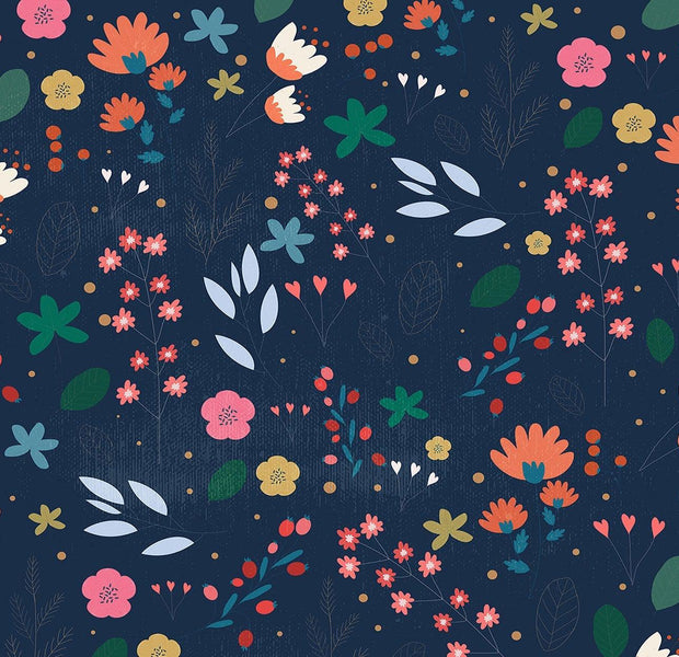A decorative wall mural featuring a pattern of colorful flowers and foliage on a dark background.