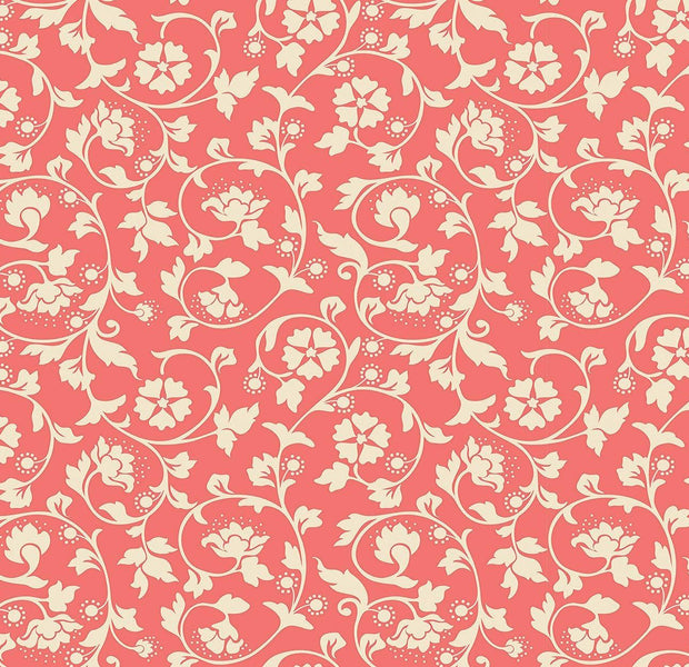 Elegant red and white floral pattern wall mural in an interior setting