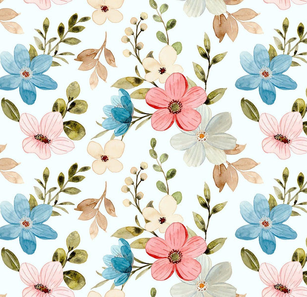 A colorful wall mural featuring a pattern of hand-painted flowers in shades of pink and blue with green foliage accents