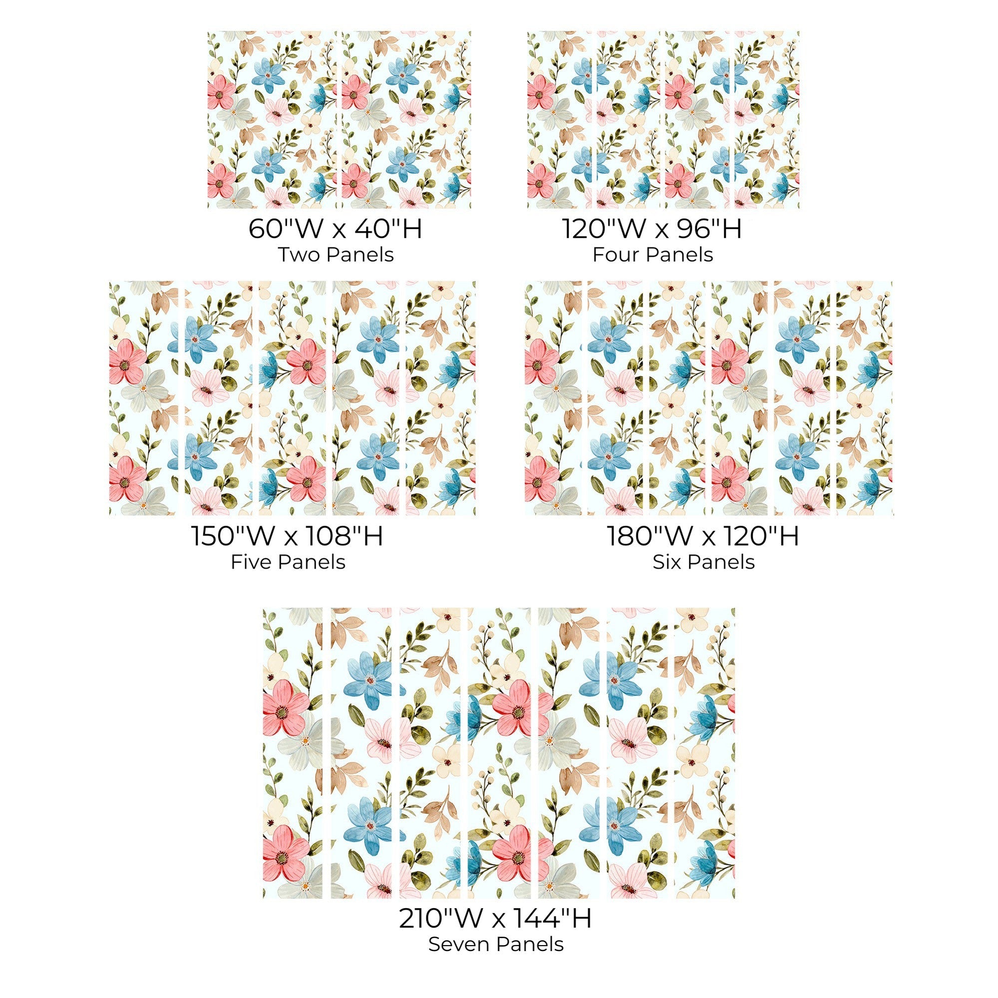 Various sizes of a floral wall mural displayed in six options, with different numbers of panels and dimensions specified for each.