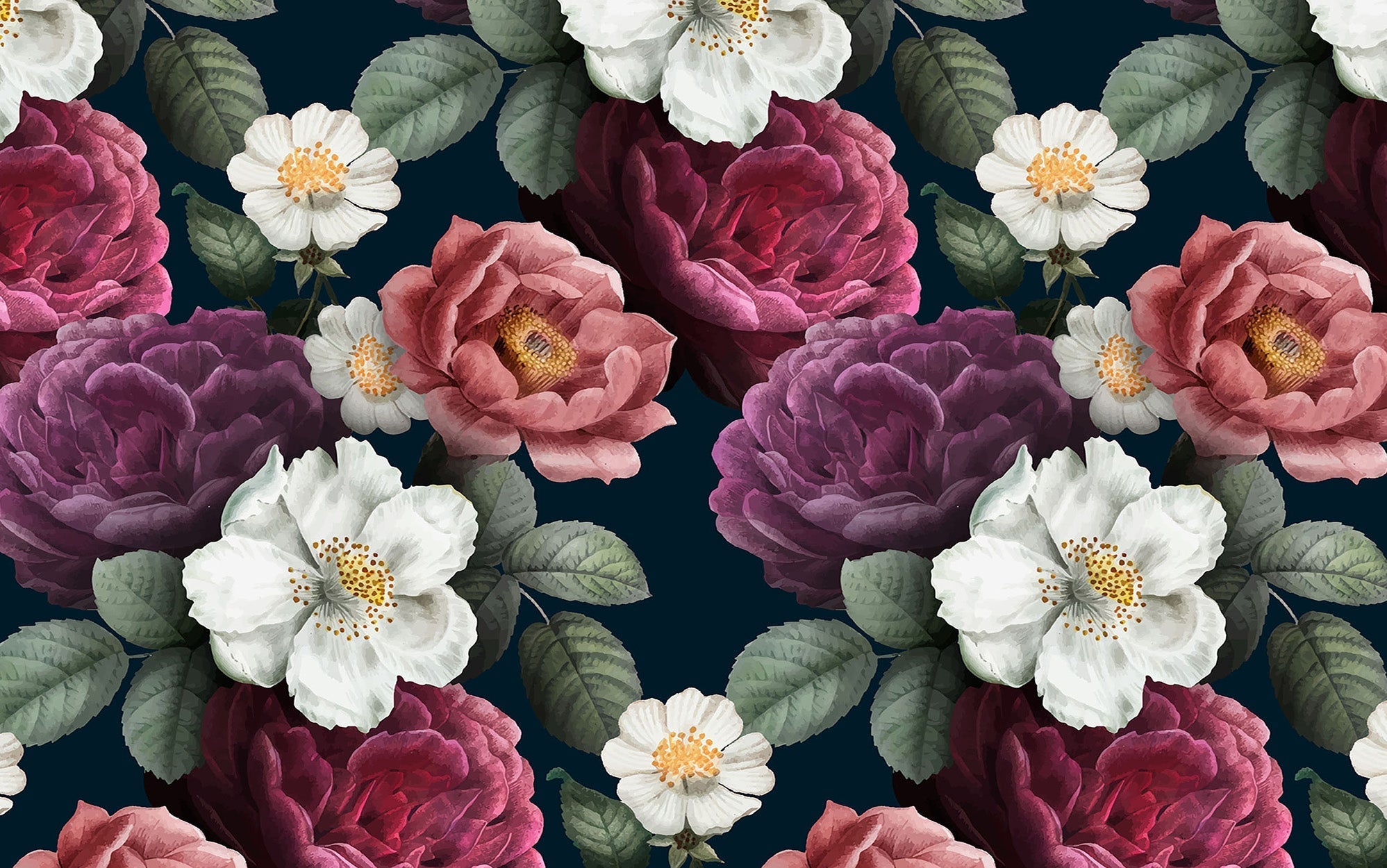 A detailed wall mural featuring large lush roses and leaves on a dark blue background.