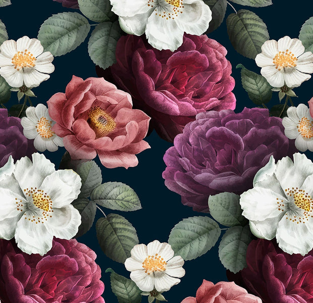 A detailed wall mural featuring large lush roses and leaves on a dark blue background.