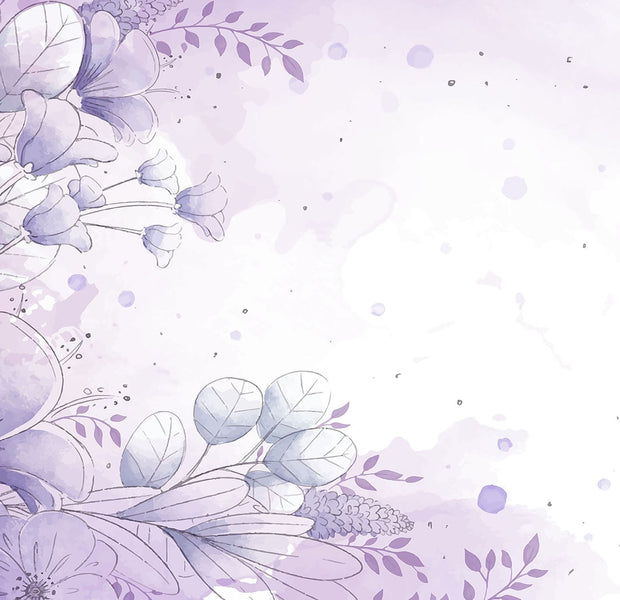 A delicate purple floral mural on a wall with a blend of various flowers and watercolor splashes.