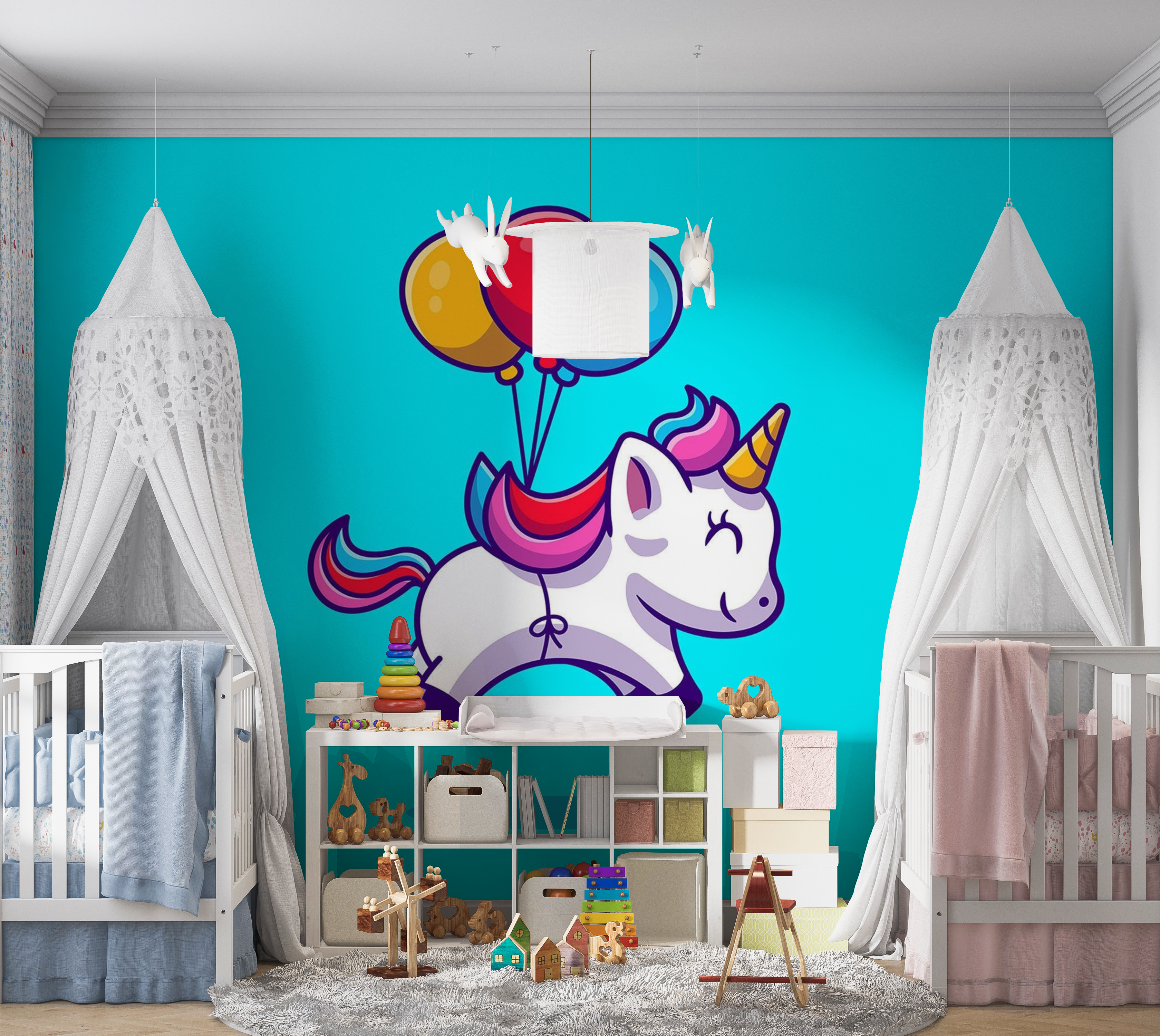 Premium Peel & Stick Wall Mural - Flying Unicorn Balloons