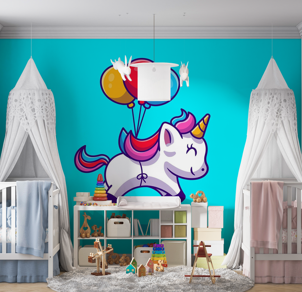 Premium Peel & Stick Wall Mural - Flying Unicorn Balloons