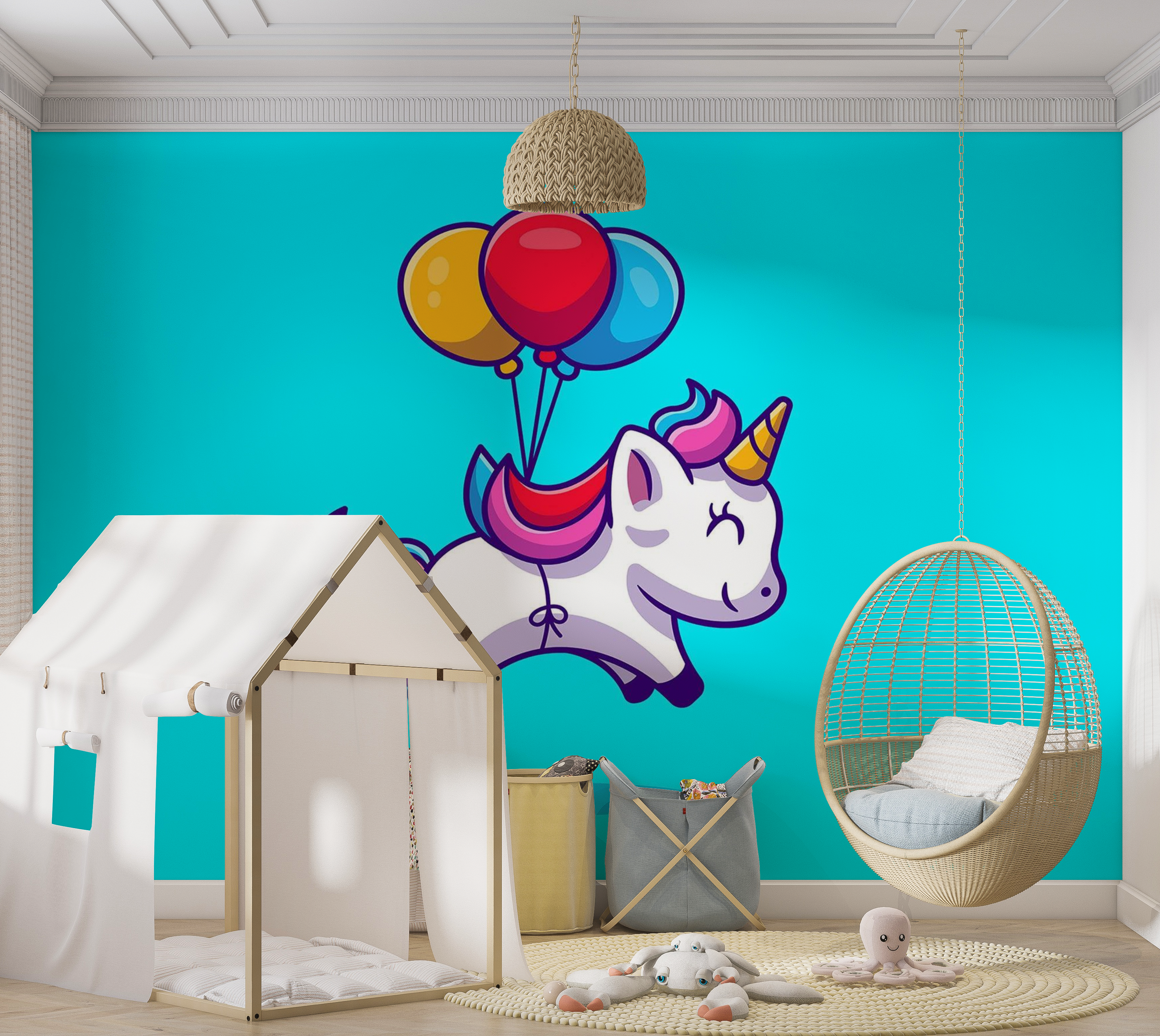 Premium Peel & Stick Wall Mural - Flying Unicorn Balloons