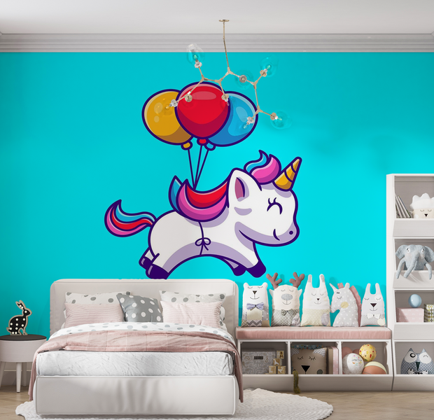 Premium Wallpaper Wall Mural - Flying Unicorn Balloons 60"Wx40"H / Non-Woven Fleece