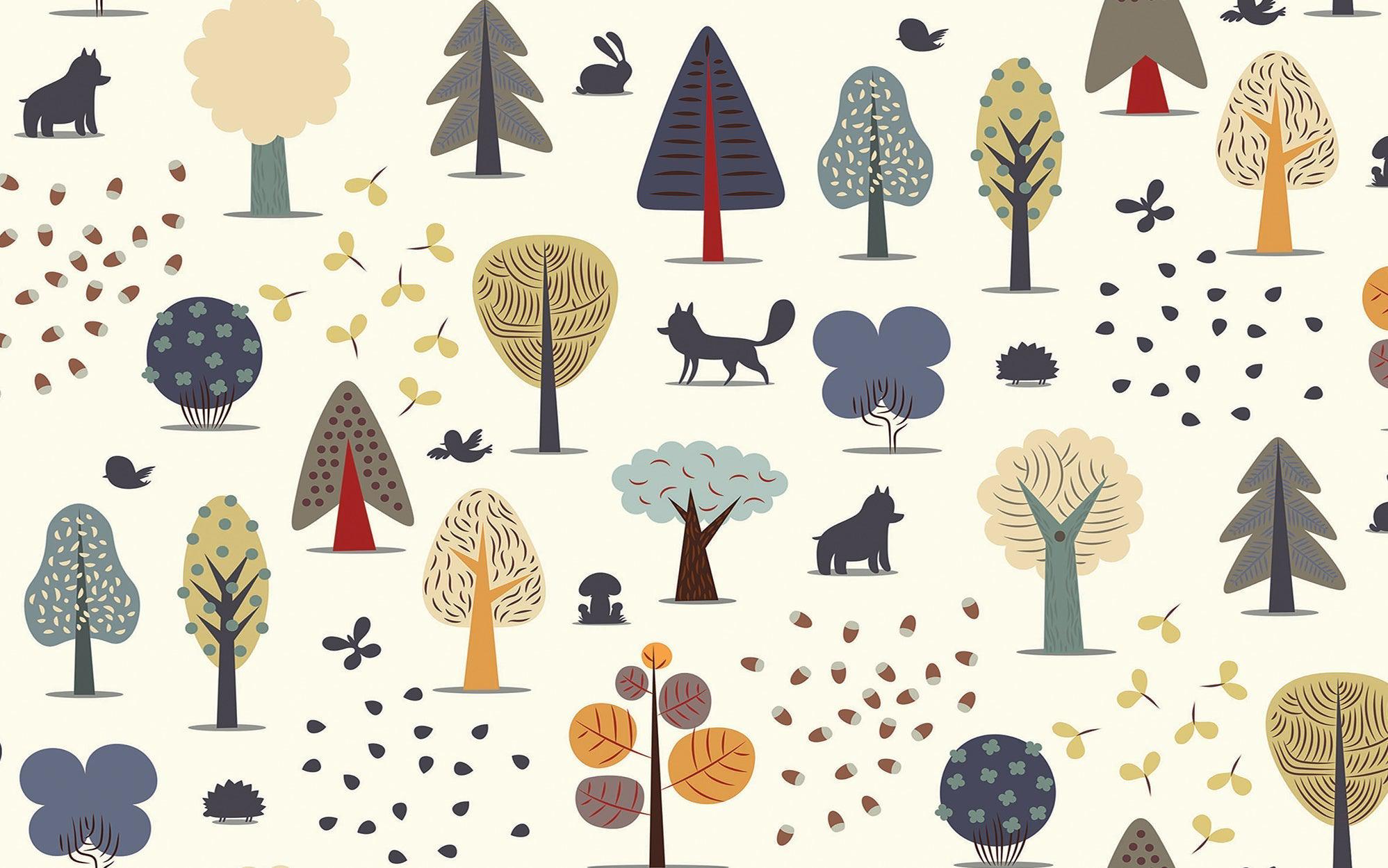 A variety of stylized trees and woodland creatures depicted in a whimsical wall mural design