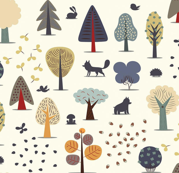 A variety of stylized trees and woodland creatures depicted in a whimsical wall mural design
