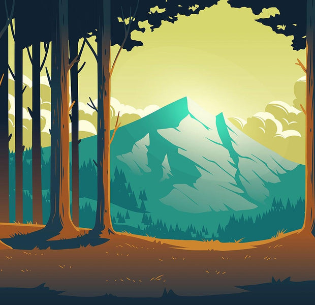 A stylized mural of a forest clearing with a view of a mountain peak on an interior wall