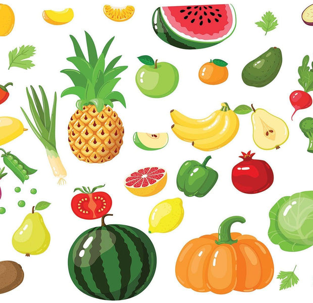 A vibrant selection of illustrated fruits and vegetables as a wall mural in an interior setting