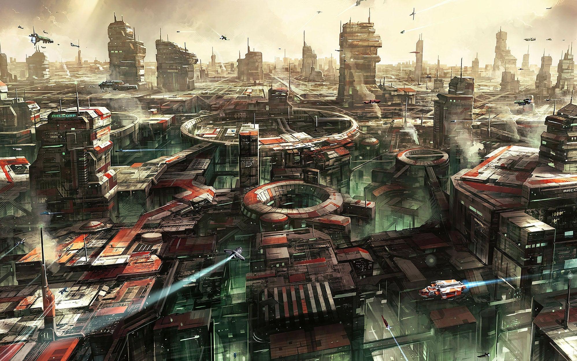 An intricate wall mural depicting a bustling futuristic cityscape with flying vehicles and towering skyscrapers.
