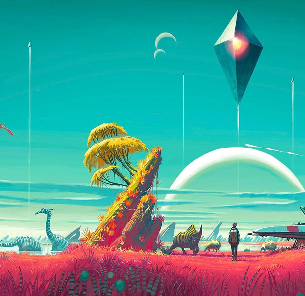 A large and vibrant sci-fi themed wall mural featuring an otherworldly landscape with futuristic vehicles and creatures