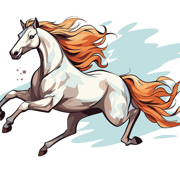 Illustration of a white horse with orange mane galloping, depicted in a wall mural with a stylized blue background