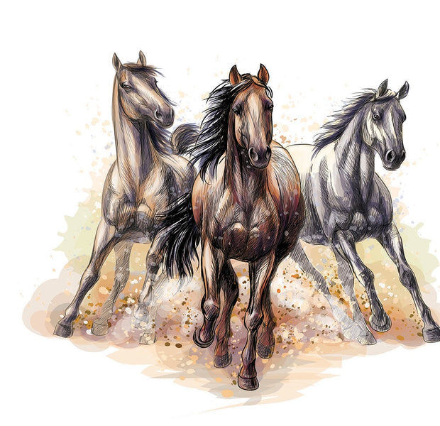 Wall mural of three dynamic horses galloping with artistic splatter background