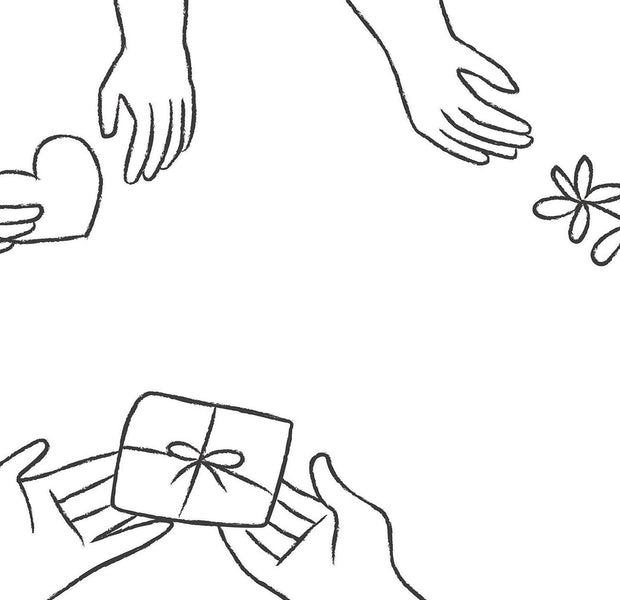 Line art mural on wall showing illustrated hands exchanging gifts and flowers.